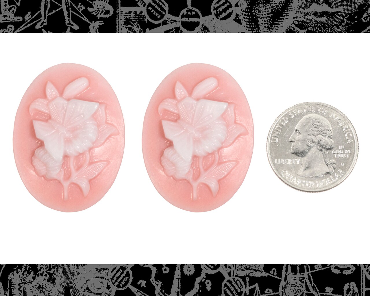 Pink and White Butterfly and Flower Cameos 30mm x 40mm - Set of Two - CAM291